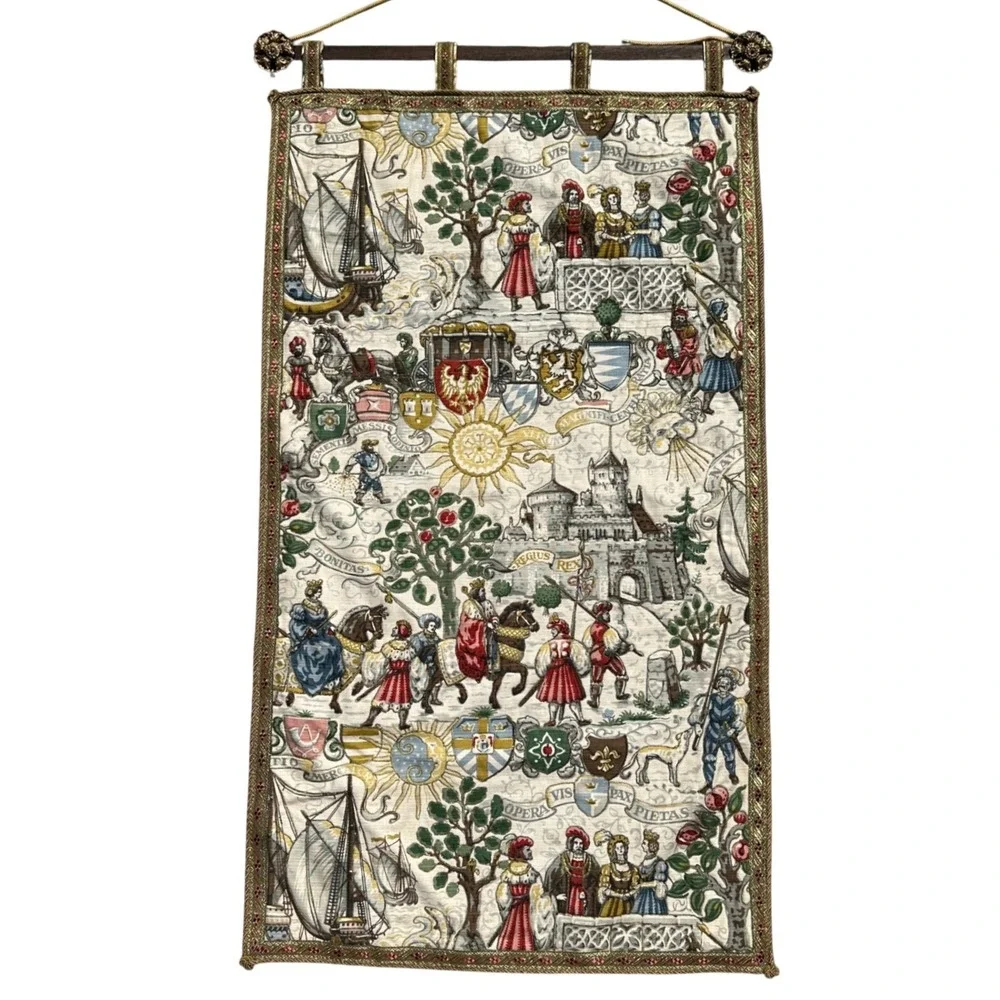 Vintage Medieval Heraldry Woven Wall Hanging Tapestry Castle Knights 24x40